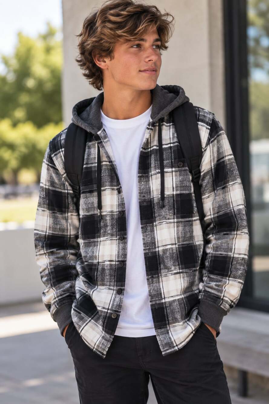 American Eagle Black and White Plaid Y2K Flannel Hooded Button-Up Shirt XS